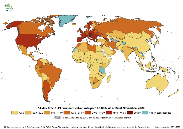 COVID 19 geographical distribution world cumulative number 14 day 2020 11 22